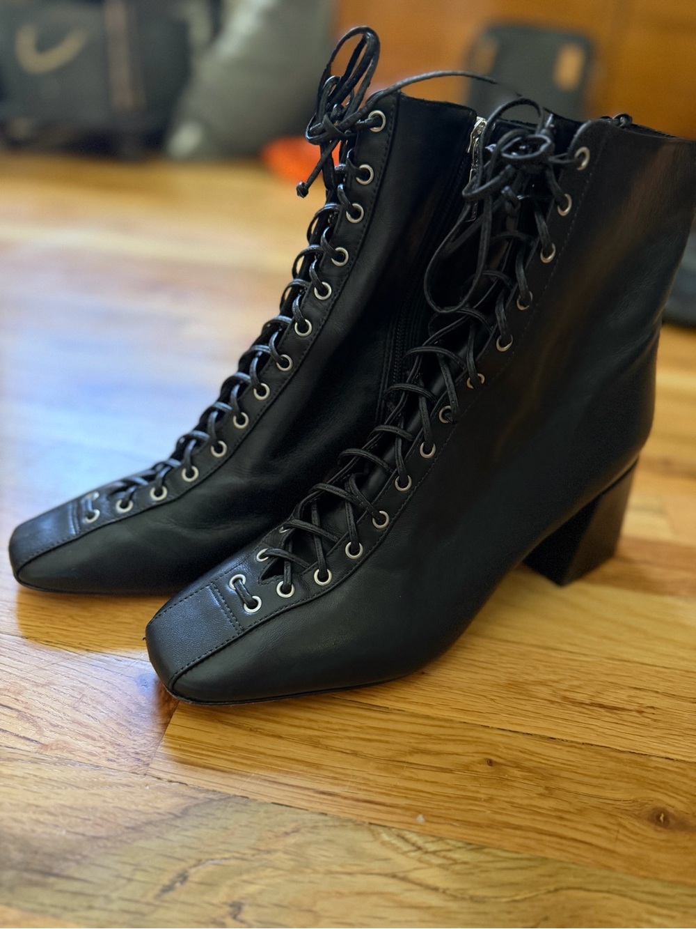 SCHUTZ Black Lace-Up Side Zip Leather Ankle Boots Sz 10 (Fits 9.5)